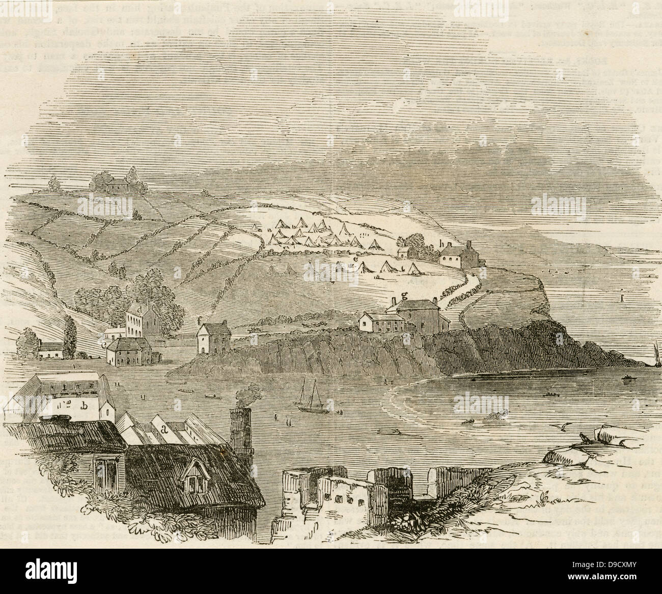 Mevagissy, Cornwall, England, during the Cholera epidemic of 1849, showing the Board of Health tents in the background.  Woodcut, August 1849.t Stock Photo