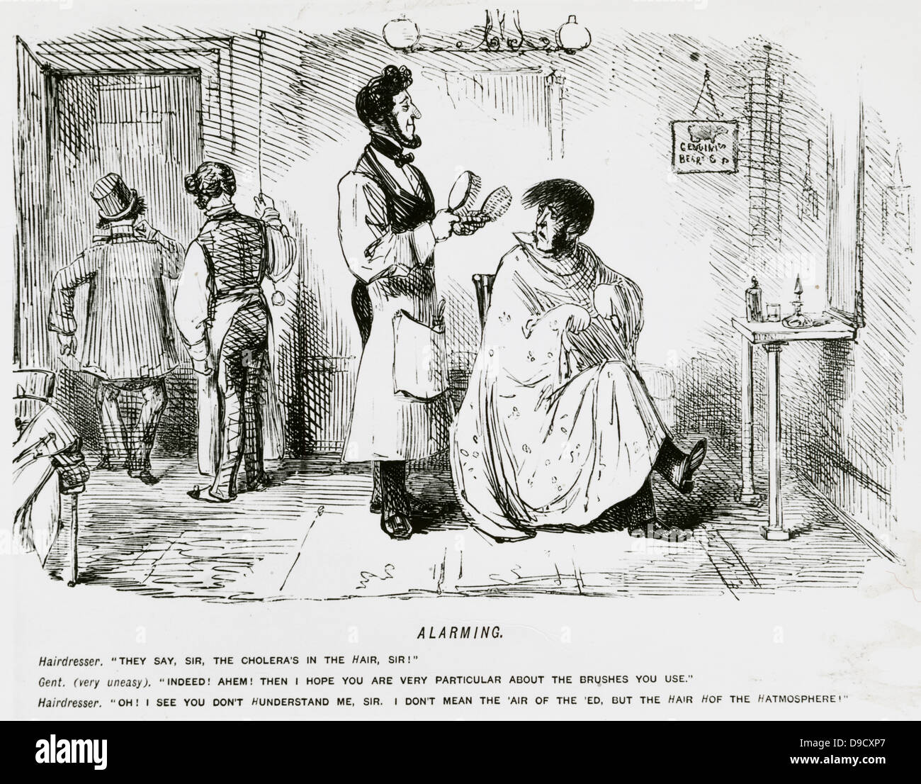 Barber Alarming A Client By Suggesting That Cholera Is In The Hair Cartoon From Punch London C1849 Stock Photo Alamy
