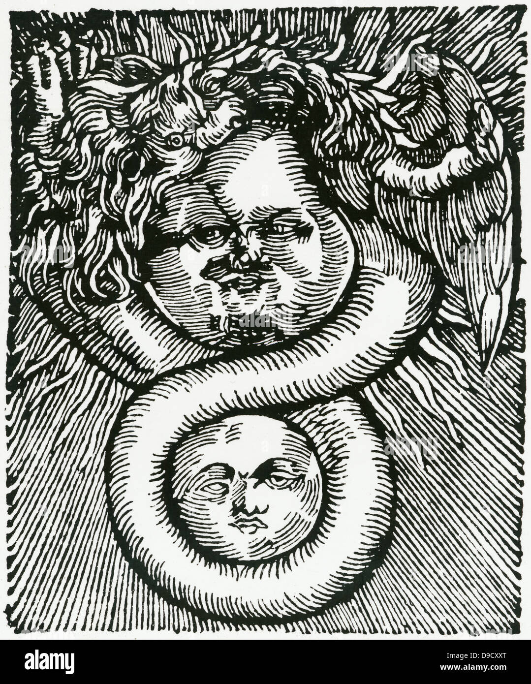 The Sun (gold) and Moon (silver) linked by the dragon (mercury and volatility). From LAzoth des philosophes, Paris, 1660, by Basil Valentine. Stock Photo