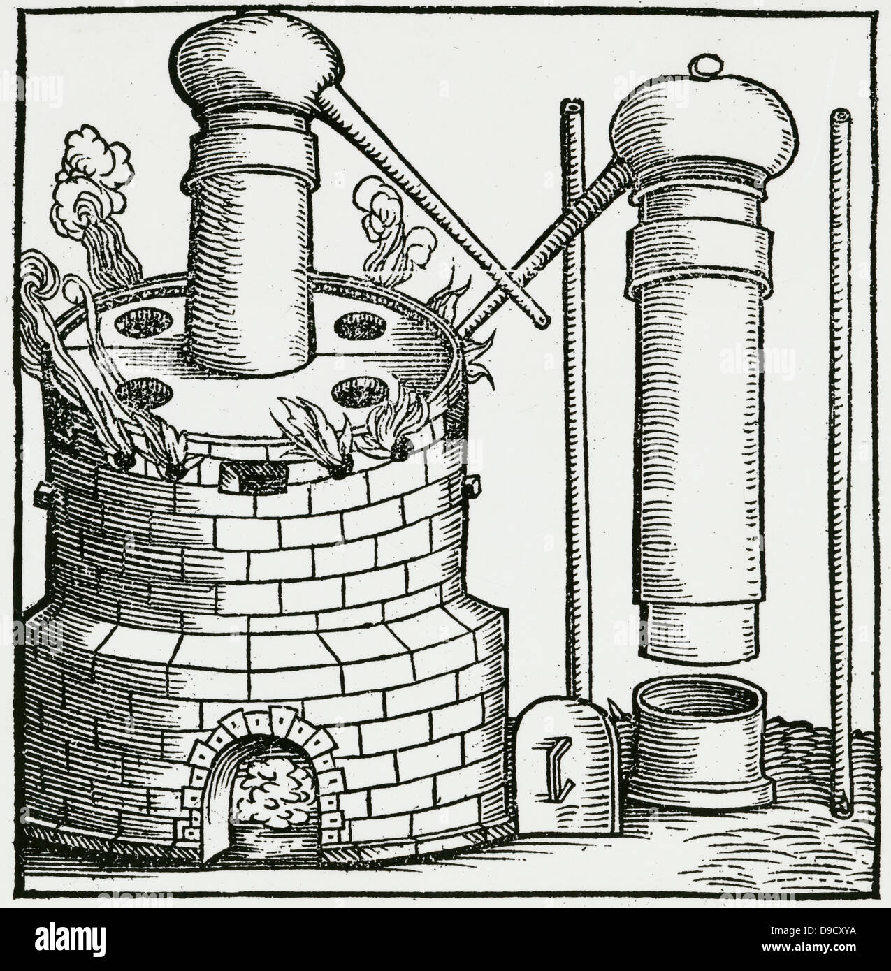Sublimation in an athanor, a digesting furnace. From Alchemiae Gebri Arabis Libri, Bern, 1545. Stock Photo
