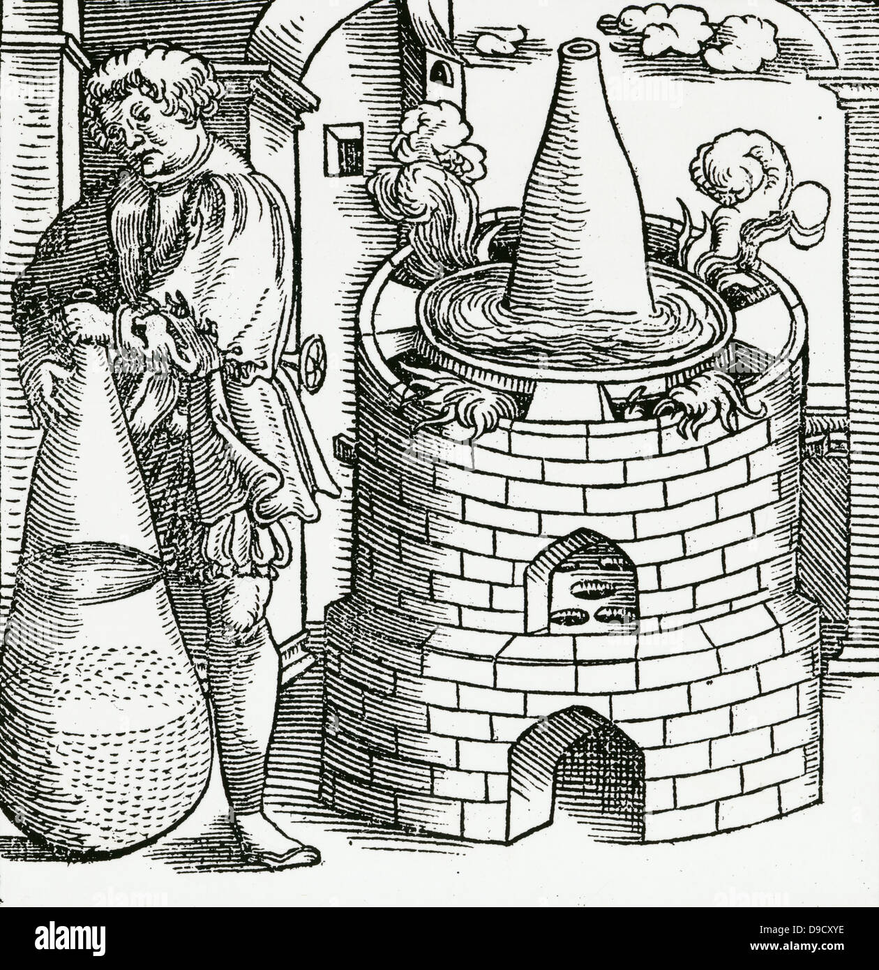 Athanor, a digesting furnace, with water bath and hermetic vase. From Alchemiae Gebri Arabis Libri, Bern, 1545. Stock Photo