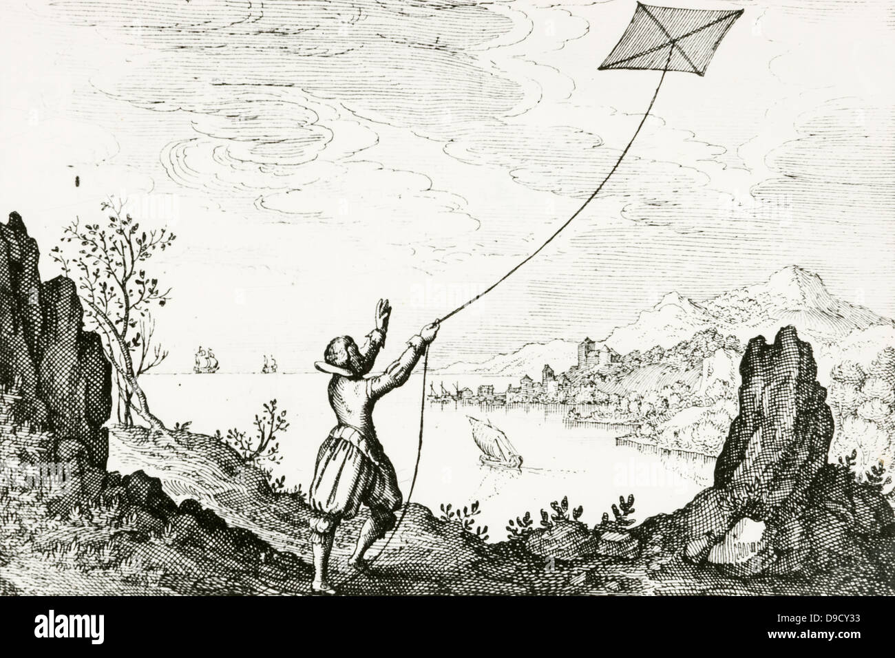 Man flying a kite, symbolising the striving of the soul for its place in the ultimate higher sphere of the universe.   From Utriusque cosmi ... historia , Oppenheim, 1617-1619, by Robert Fludd. Stock Photo