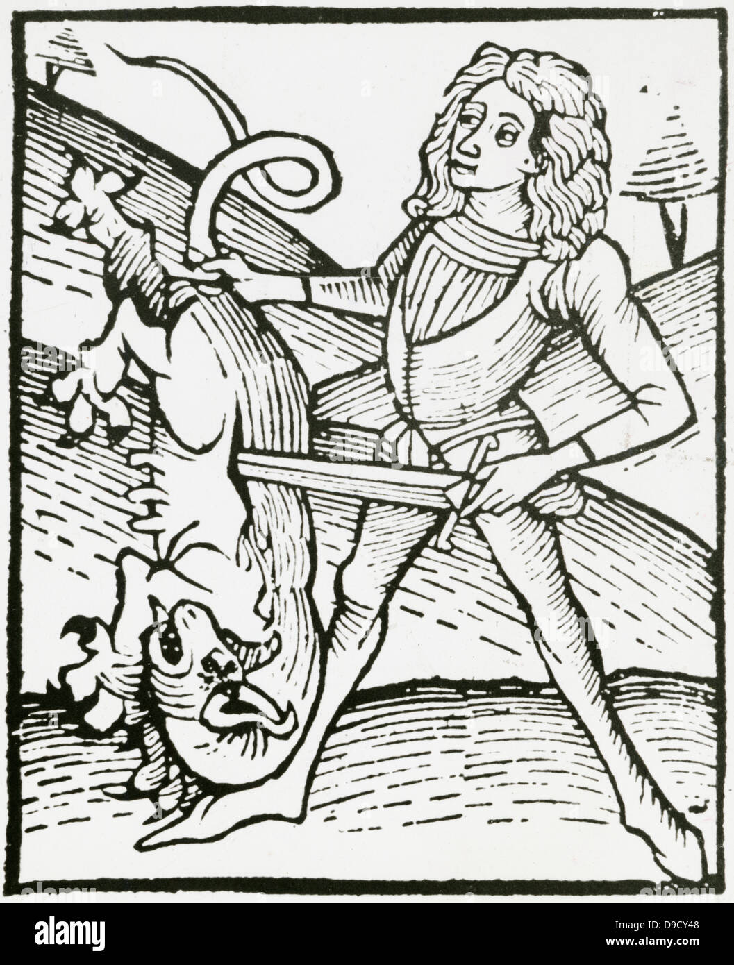 Killing a dragon to extract a precious stone transformed, alchemically, by the bird from an ordinary stone.  Woodcut from Ortus Sanitatis, Strasbourg, 1483 by Johannis de Cuba. Stock Photo