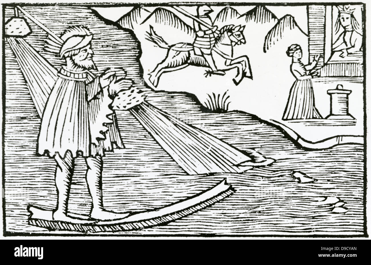 A sorcerer using his magic powers in order to walk across water.  Woodcut from Historia de gentibus septentrionalibus, Rome, 1555, by Olaus Magnus. Stock Photo