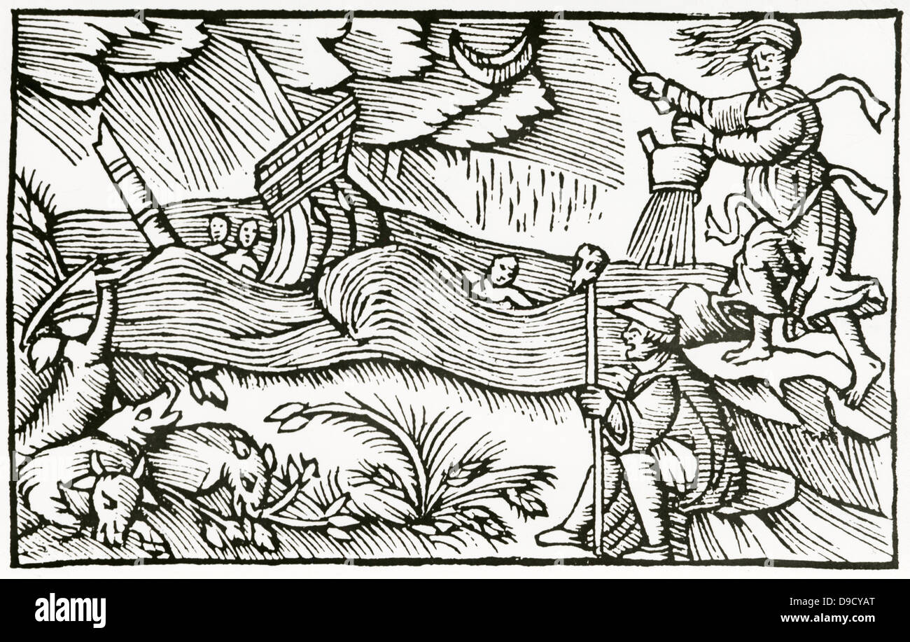 Witch raising a storm which is wrecking a ship and drowning sailors. Woodcut from Historia de gentibus septentrionalibus, Antwerp, 1562, by Olaus Magnus. Stock Photo