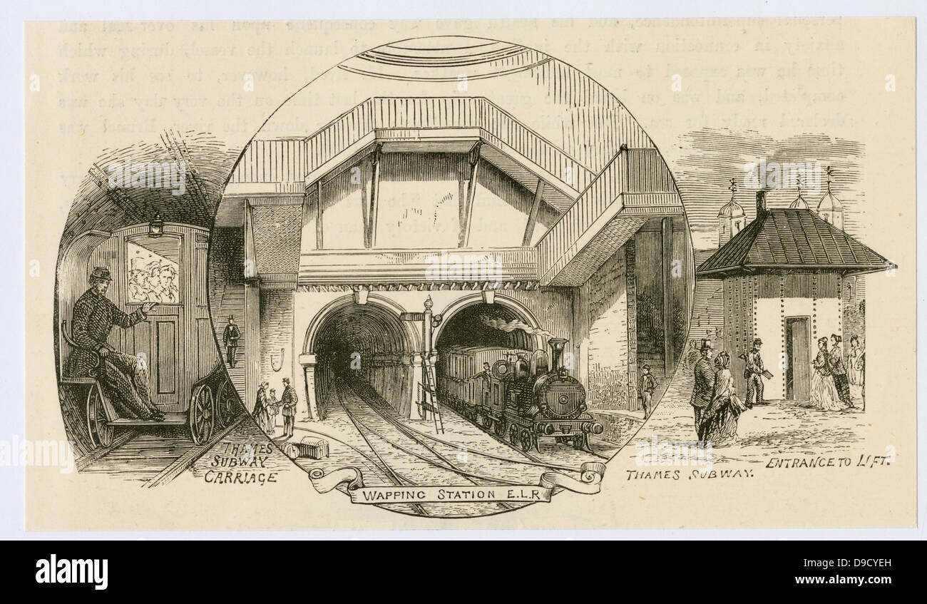 Portal of the Thames Tunnel at Wapping. Originally for pedestrian and horse traffic, it was converted to rail. The first train passed through on 7 December 1869. Engineer Marc Isambard. Engraving c1885. Brunel. Stock Photo