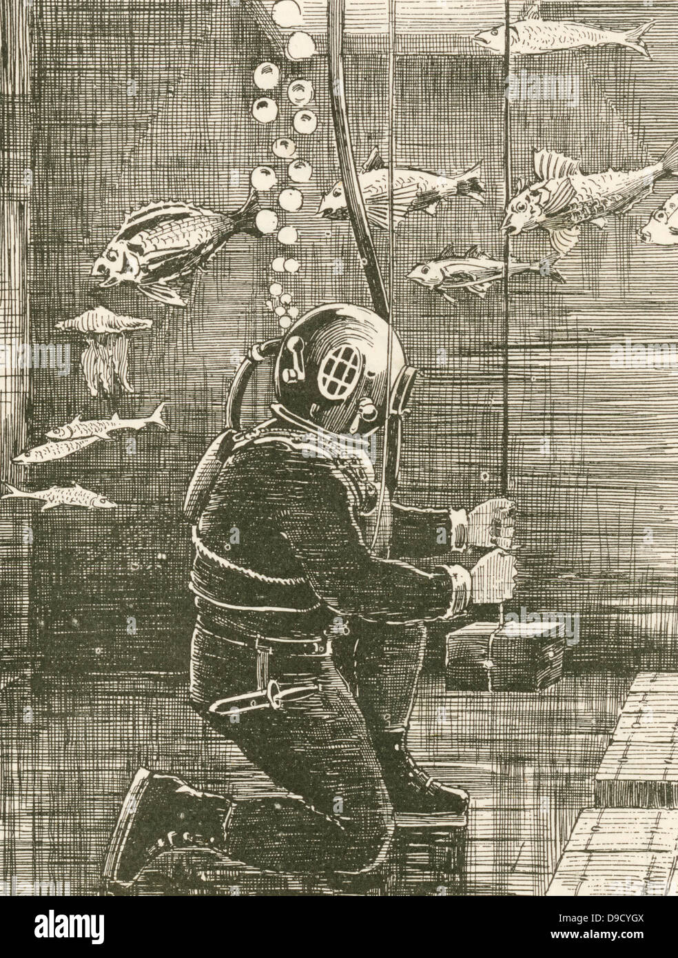 Alexander Lambert (c1837-1892) lead diver for Siebe and Gorman, recovering gold from thre wreck of the Spanish mail steamer Alfonso XII which sank off Grand Canary. Engraving, 1895. Stock Photo