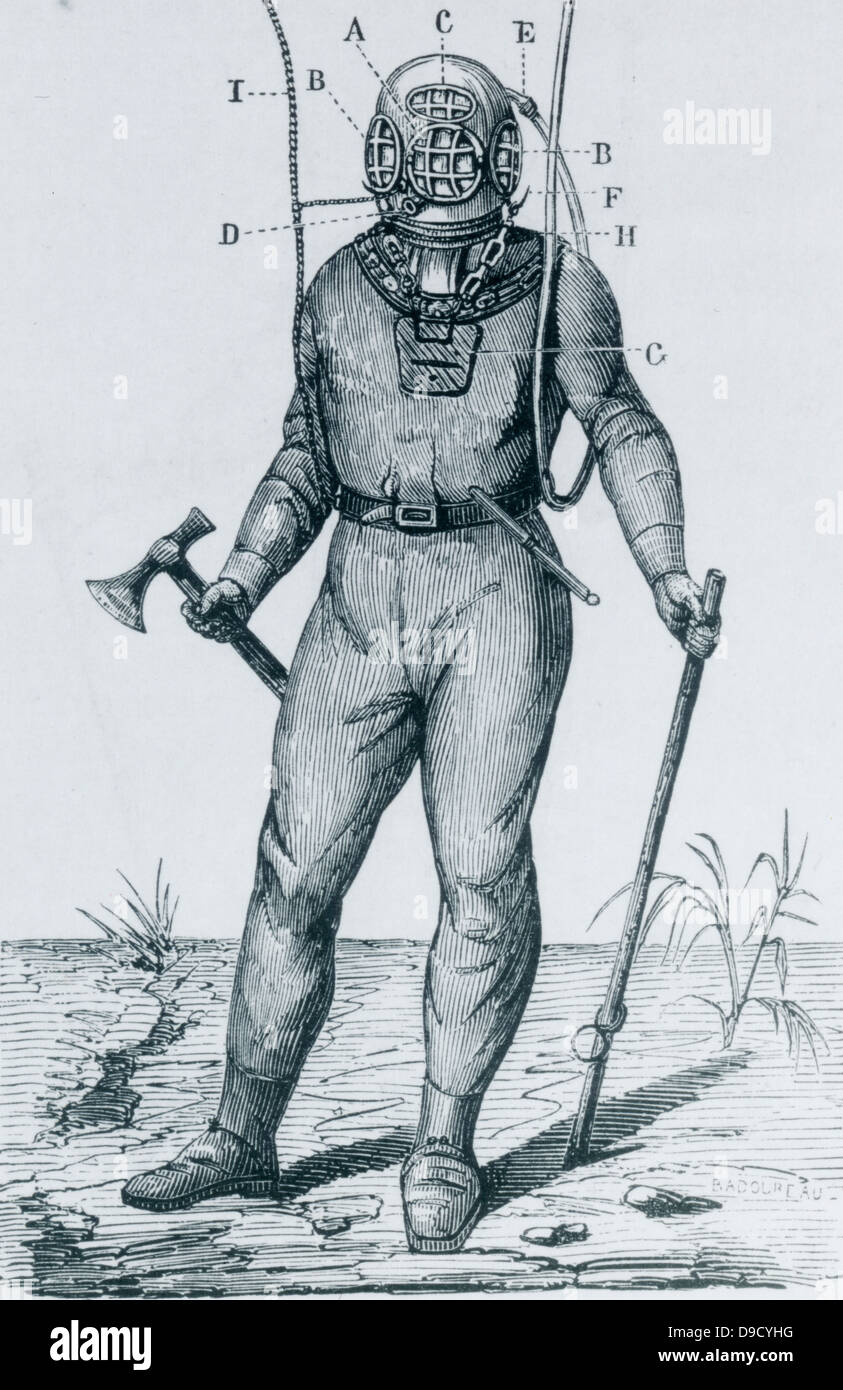 Diver in waterproof  suit by Cabirol: Helmet with front and side windows and at D one-way escape valve for used air. H, metal collar,  G, lead weight. F, Air supply. I, Signal rope. Engraving c1870. Stock Photo