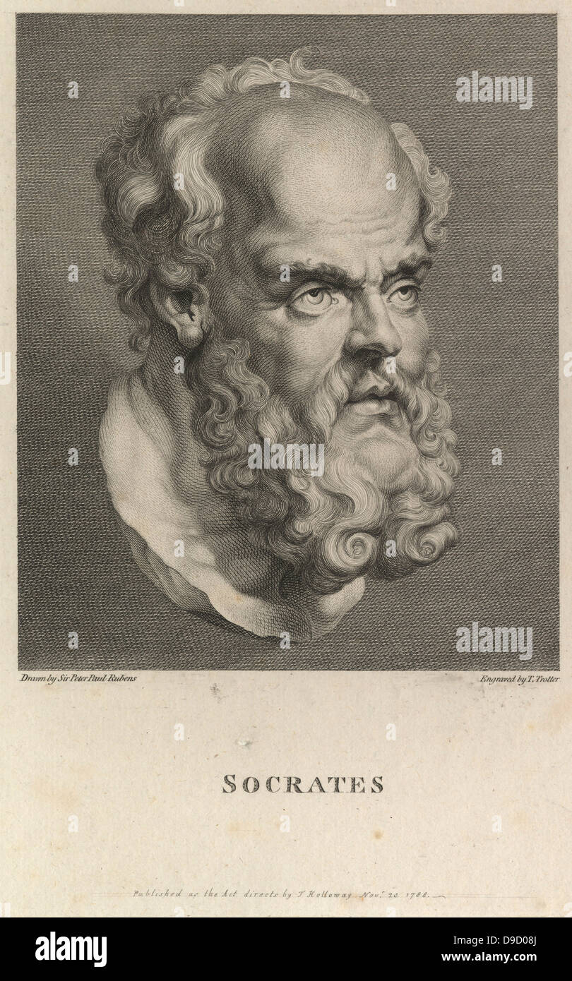 Socrates c(470-399 BC) Greek Athenian philosopher. Found guilty of corrupting the minds of Athenian youth, and of  impiety, he was sentence to death by drinking hemlock. 18th century engraving. Stock Photo