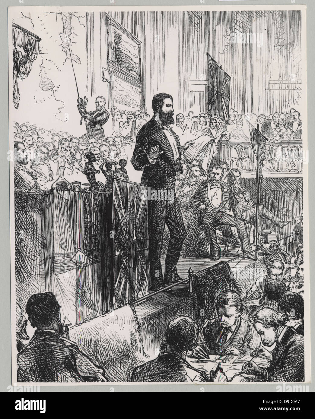 Veerney Lovett Cameron (1844-1904) British traveller and explorer, addressing the Royal Geographical Society in London on his return from his African expedition 1872-1875. Engraving April 1876. Stock Photo
