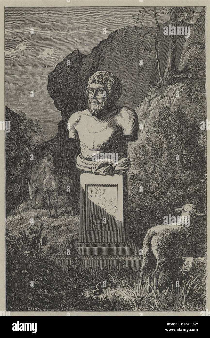 Aesop, probably legendary Ancient Greek fabulist.  According to Herodotus he lived in the 6th century BC. Engraving based on an antique bust in the Villa Albani, Rome. Engraving, Paris, 1866. Stock Photo