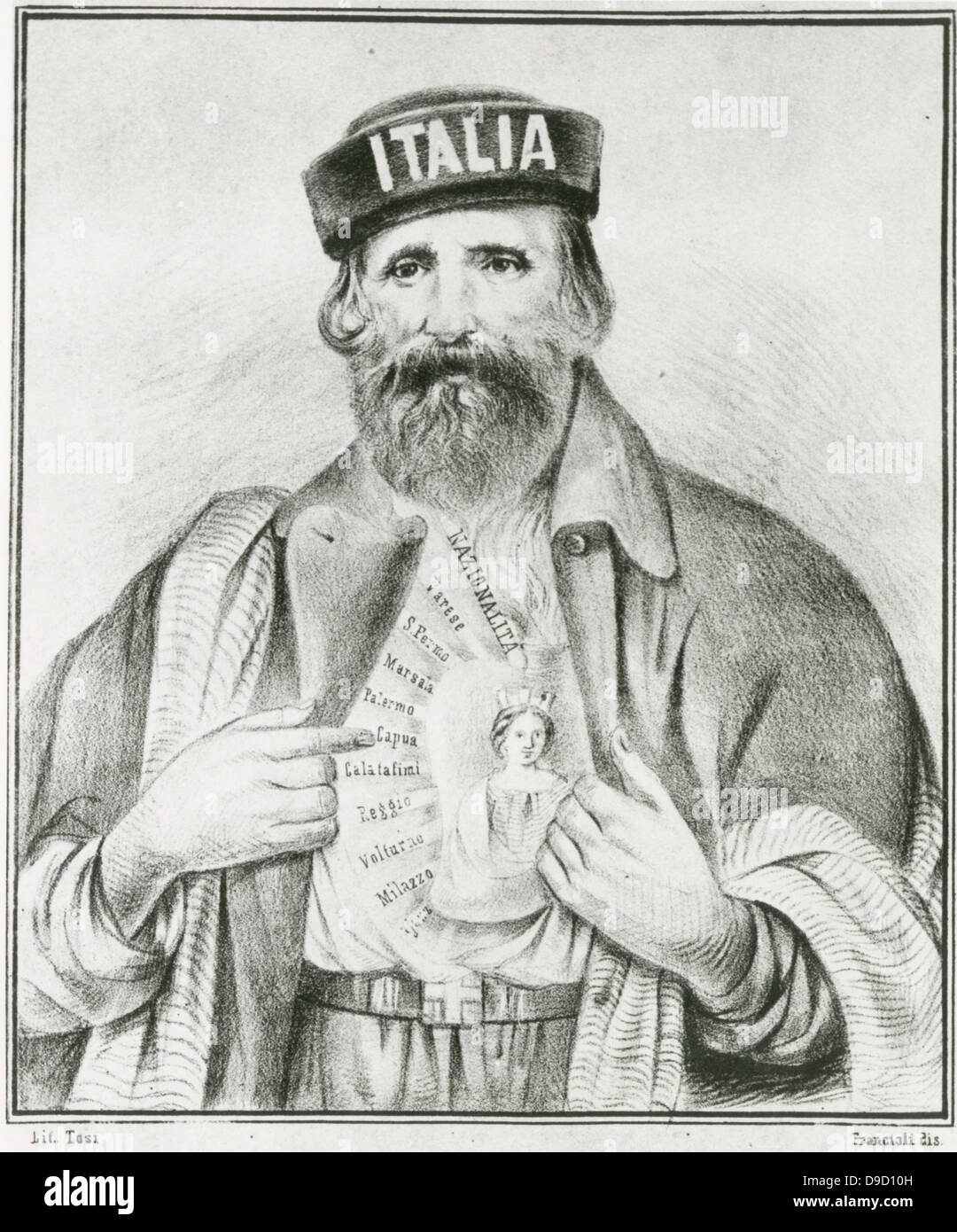 Giuseppe Garibaldi (1807-1882) Italian patriot, politican, general, and leader in the Risorgimento and the movement for the Unification of Italy. .  Allegorical print of Garibaldi with Italy on his heart. Stock Photo