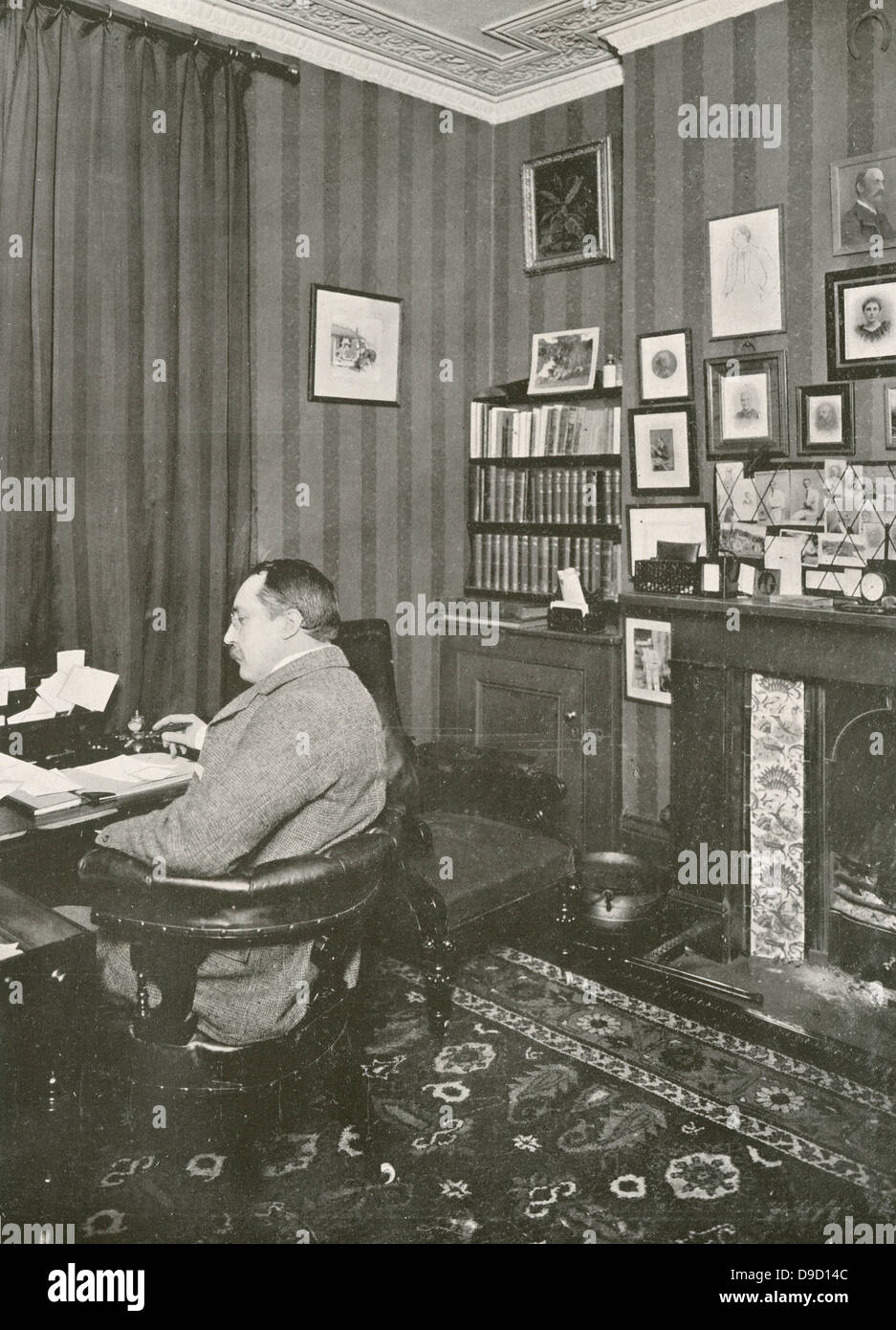 Ernest William  (E.W.) Hornung (1866-1921) English poet, journalist, and novelist. Creator of the gentleman thief A.J. Raffles who appeared in a number of novels. Hornung in his study in Pitt Street, London. Stock Photo