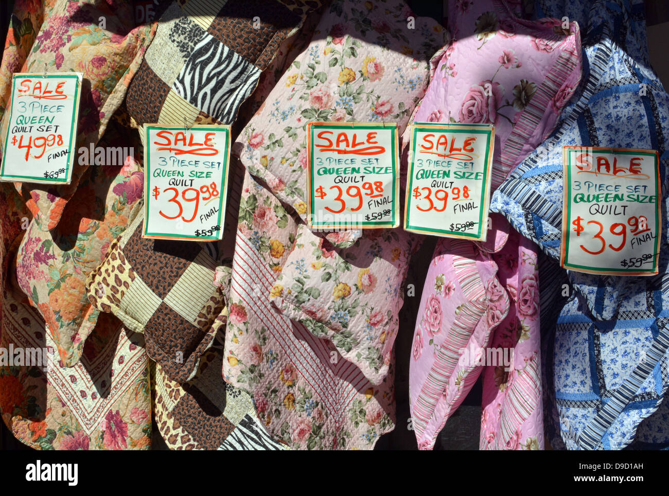 Quilts for sale at a fabric store in Jackson Heights, an Indian