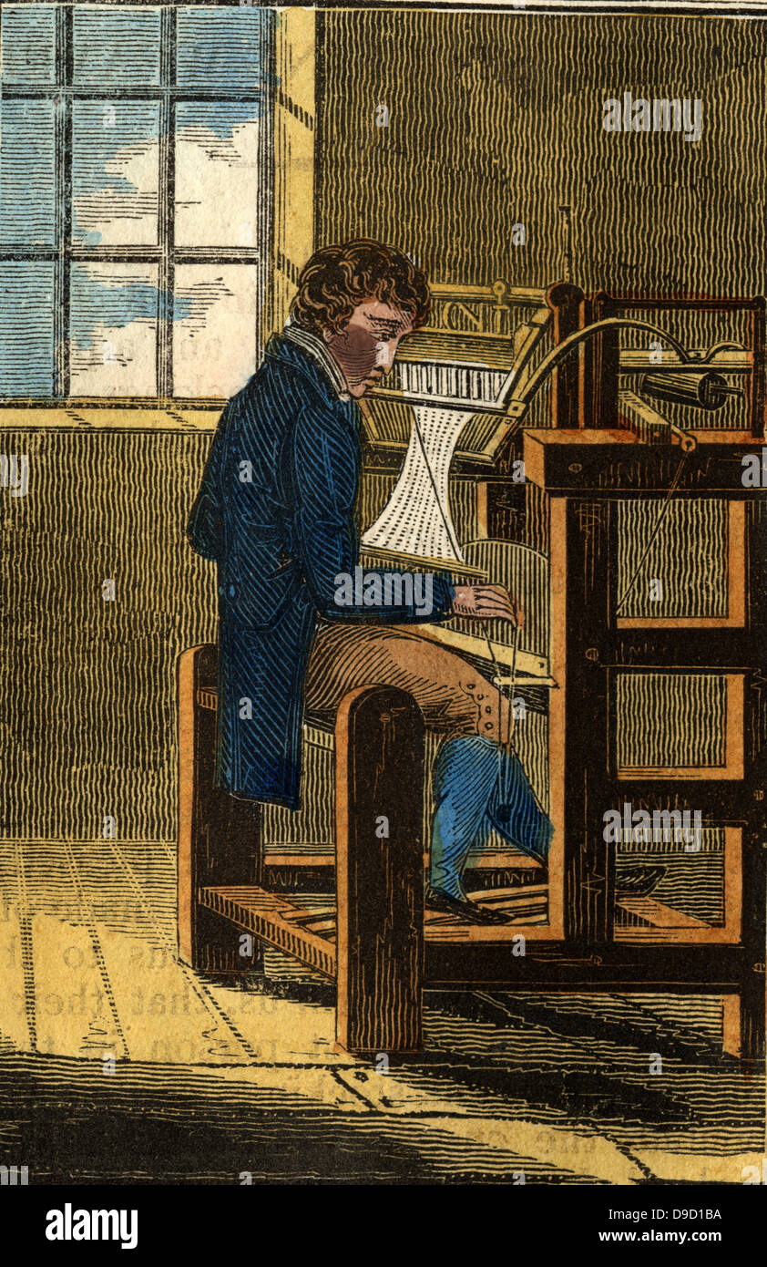 The Stocking Weaver sitting at his knitting loom producing hosiery.   Hand-coloured woodcut from The Book of English Trades, London, 1823. Stock Photo