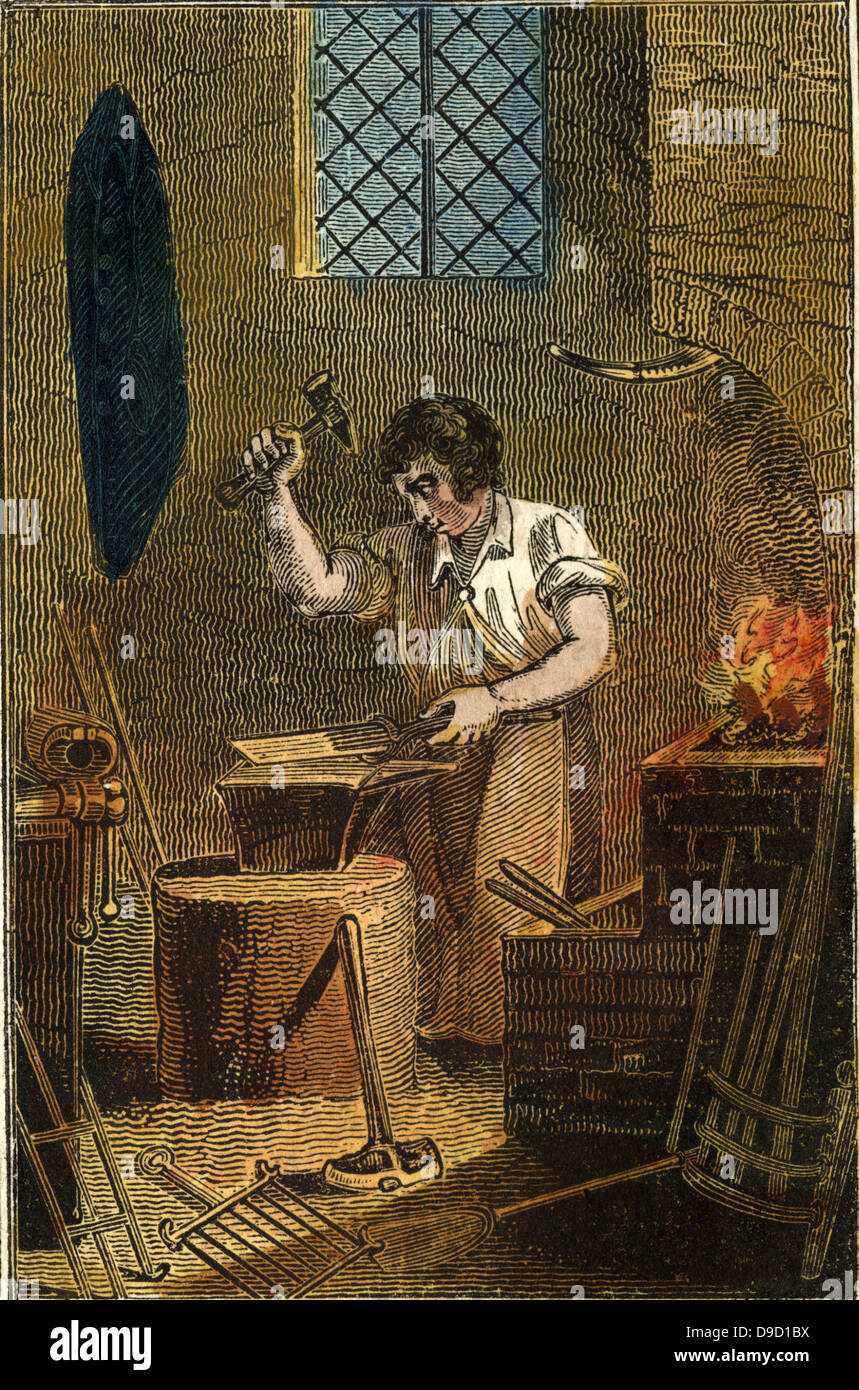 The Smit in front of his forge, hammering a piece of metal on the anvil. Hand-coloured woodcut from The Book of English Trades, London, 1823. Stock Photo