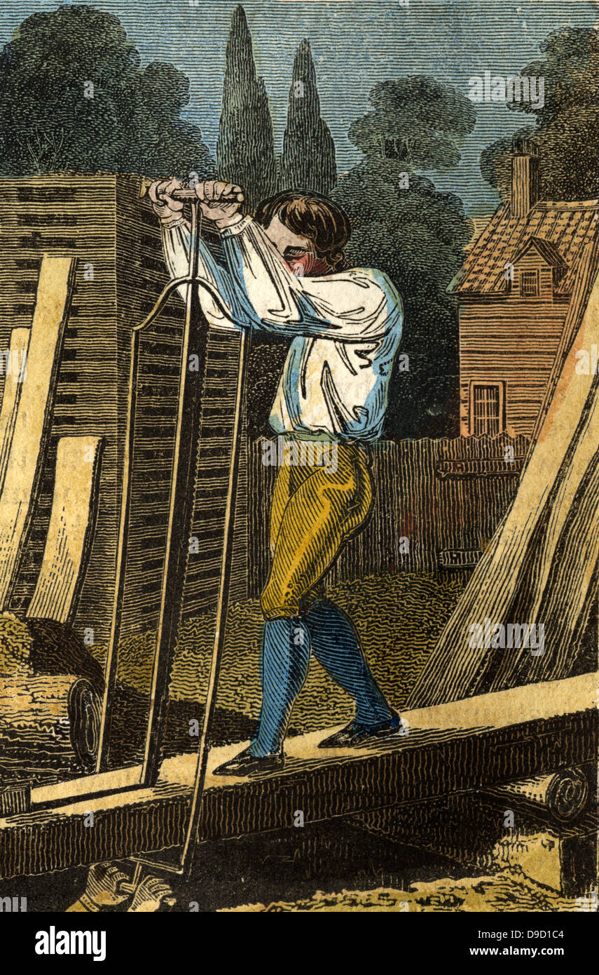Sawyers cutting wood into planks using a sawpit and two-handed saw. Blindness was an occupational condition for sawpit workers because of the frequency of sawdust in the eyes.    The Book of English Trades, London, 1823. Stock Photo