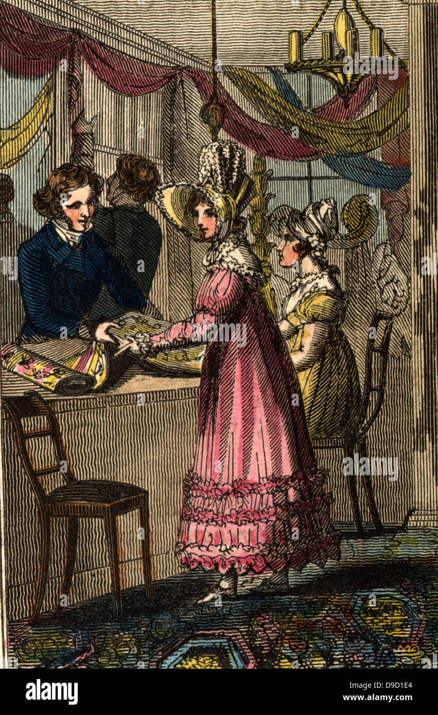 The Linen Draper Fashionably dressed ladies being shown fabrics by a