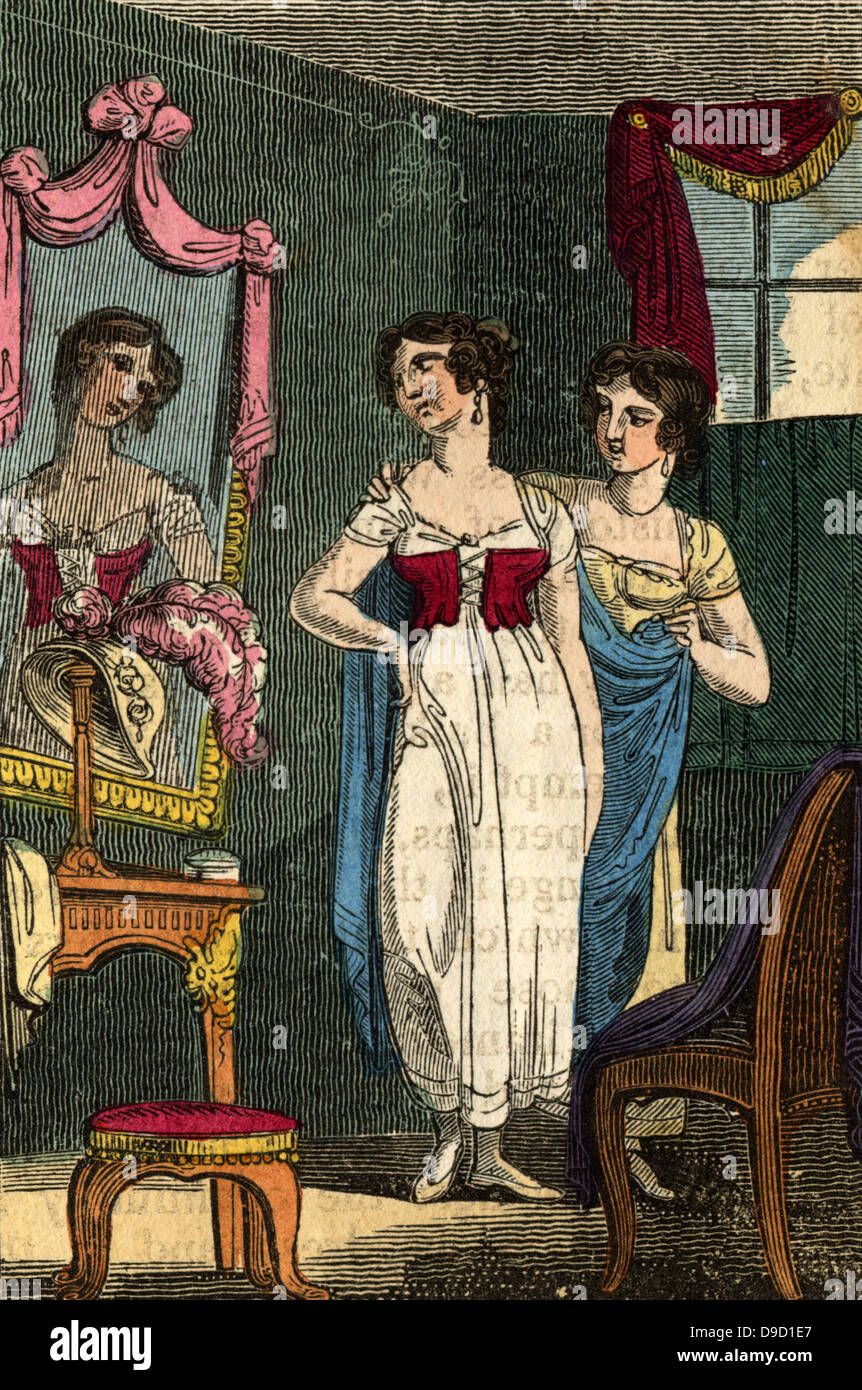 The Ladies] Dress Maker;  Lady visiting her dressmaker for a fitting admires herself in a mirror. Hand-coloured woodcut from The Book of English Trades, London, 1823. Stock Photo