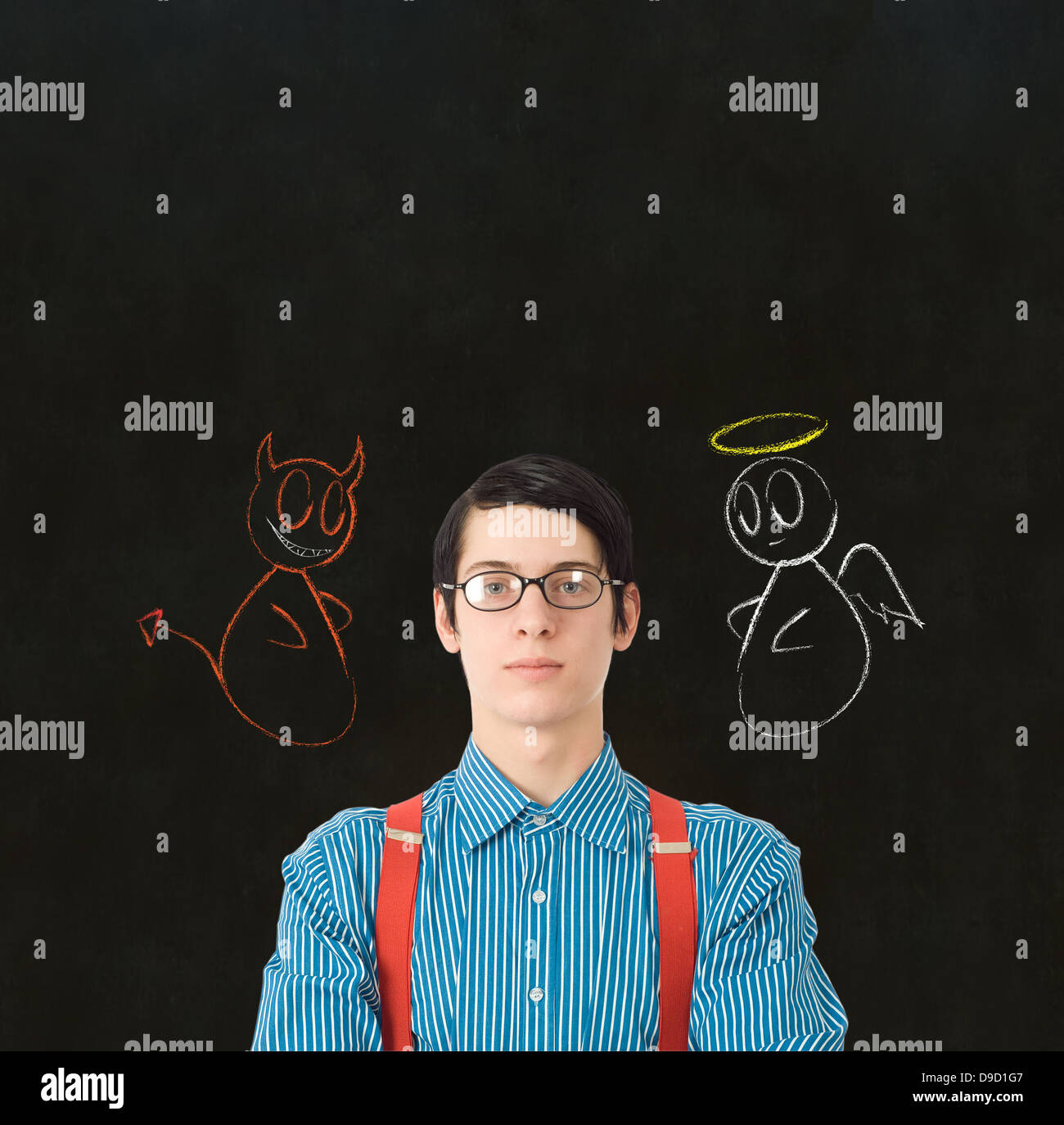 Nerd geek businessman, student or teacher with angel or devil chalk decision to make Stock Photo