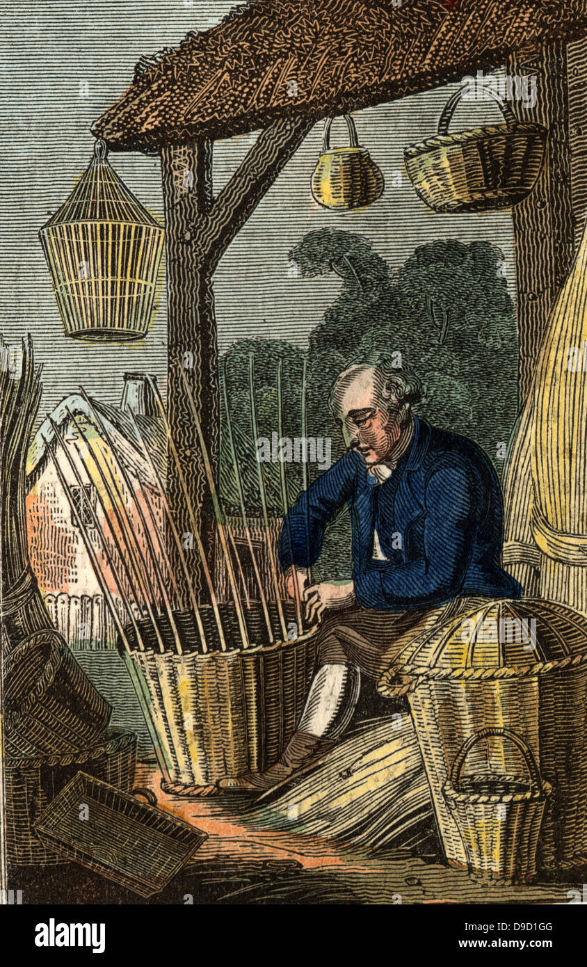 The Basket Maker weaving a basket from osiers (willow). Hand-coloured  woodcut from The Book of English Trades, London, 1823 Stock Photo - Alamy