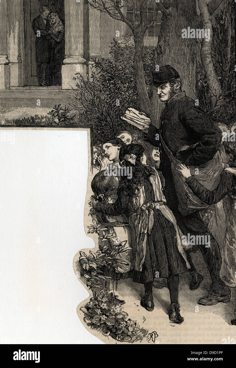 The postman delivering letters on St Valentines Day. Engraving, London, 1884. Stock Photo