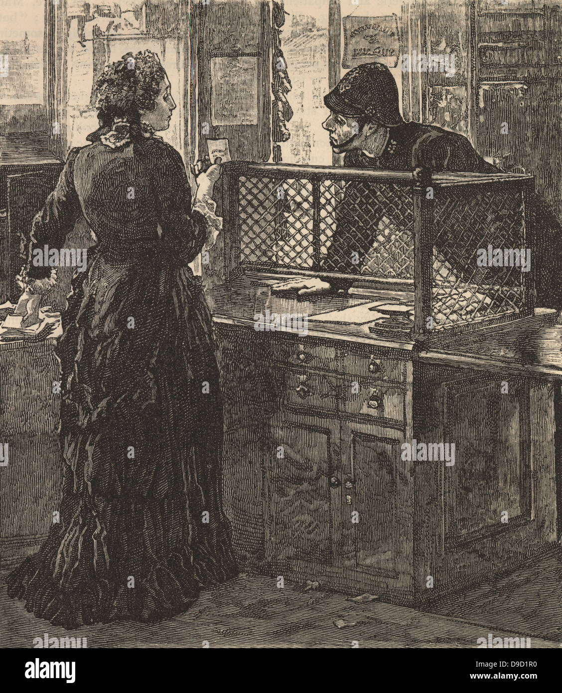 A village postmistress in conversation with a policeman. Engraving, London,1884. Stock Photo