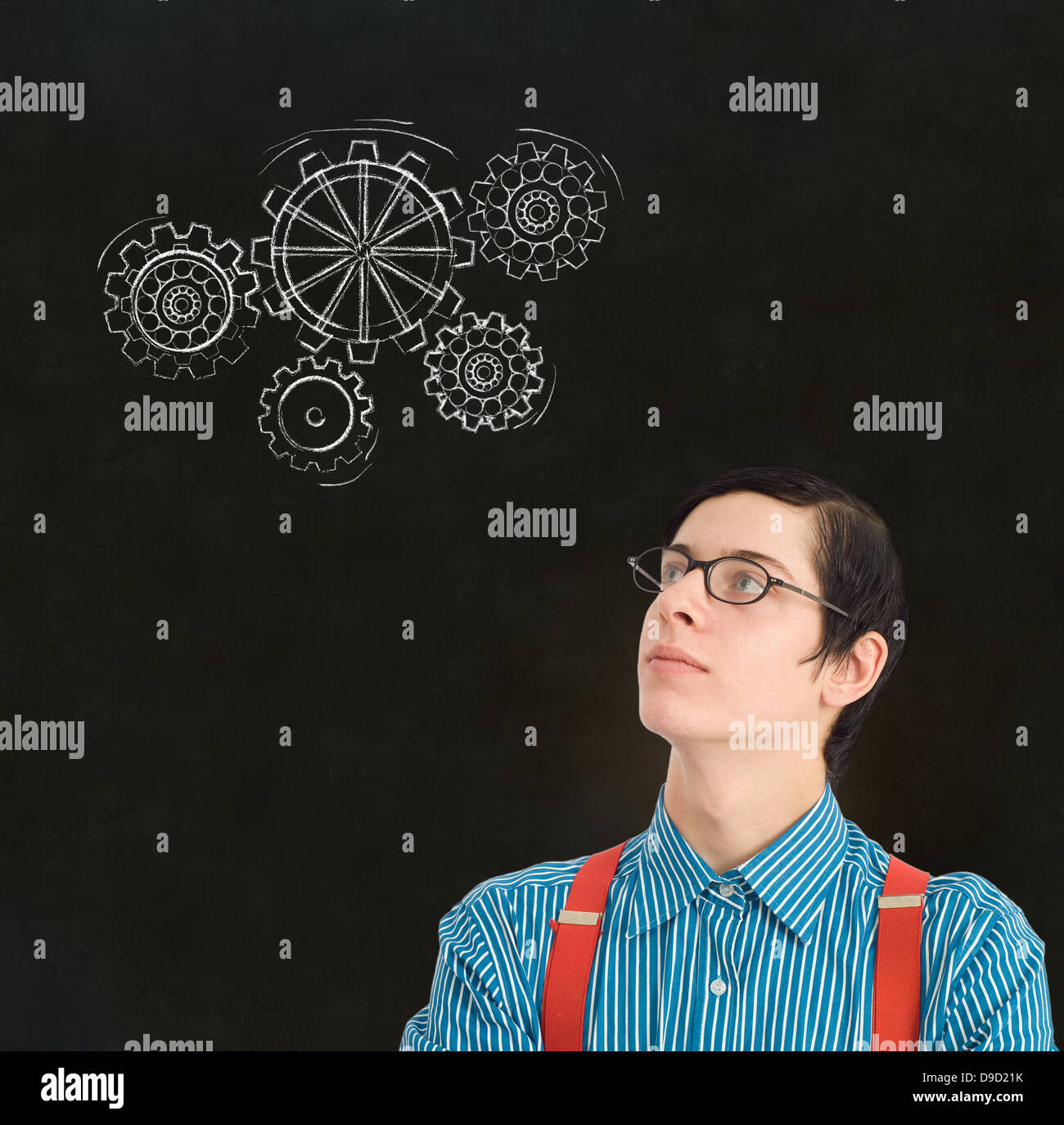 Nerd geek businessman, student or teacher with chalk thinking turning ...