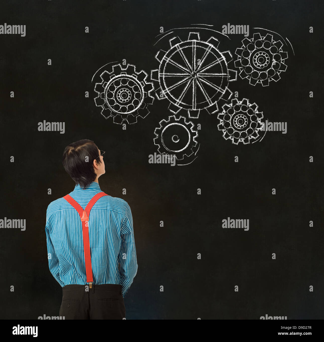 Nerd geek businessman, student or teacher with chalk thinking turning ...
