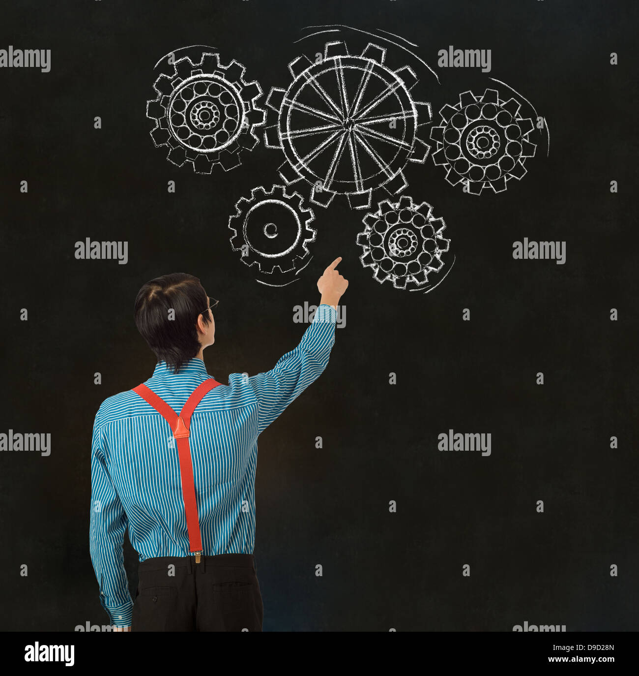 Nerd geek businessman, student or teacher with chalk thinking turning ...