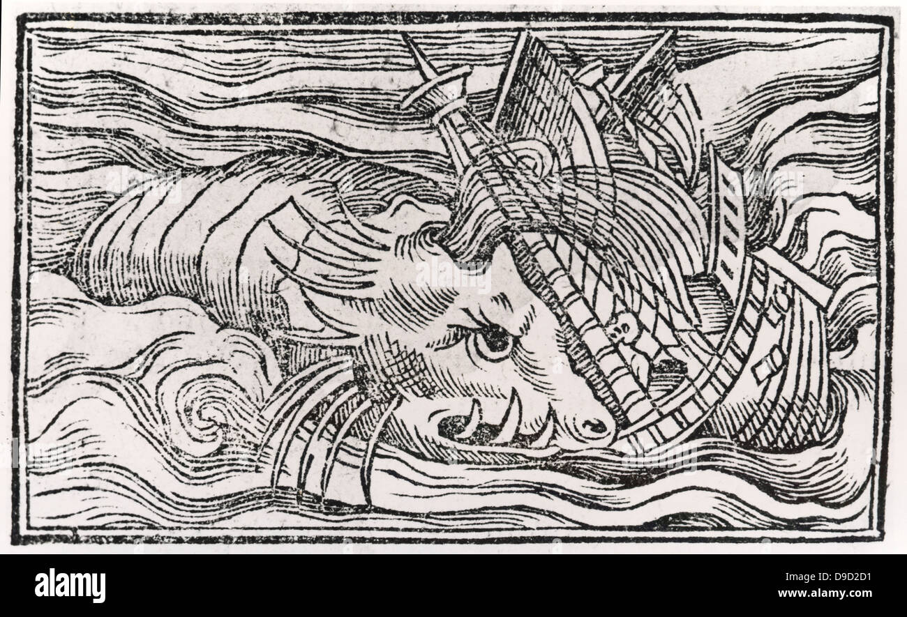 Ship being attacked by a sperm whale in Arctic waters.   Woodcut from Historia de gentibus septentrionalibus, 1555, by Olaus Magnus. The Sperm Whale, also known as Cachalot, is a species of whale toothed whale. Stock Photo