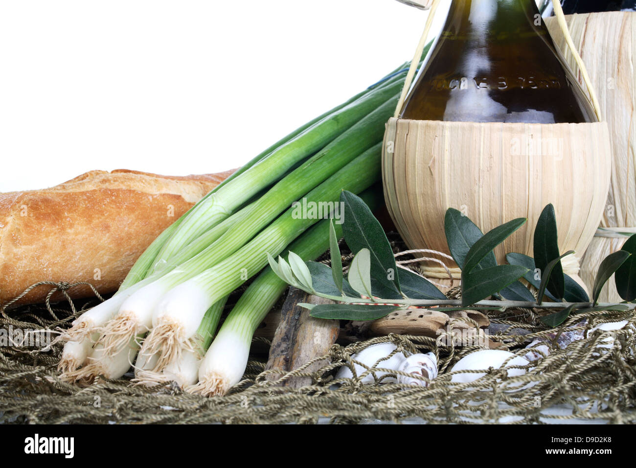 Olive oil, bread and leek onions Stock Photo