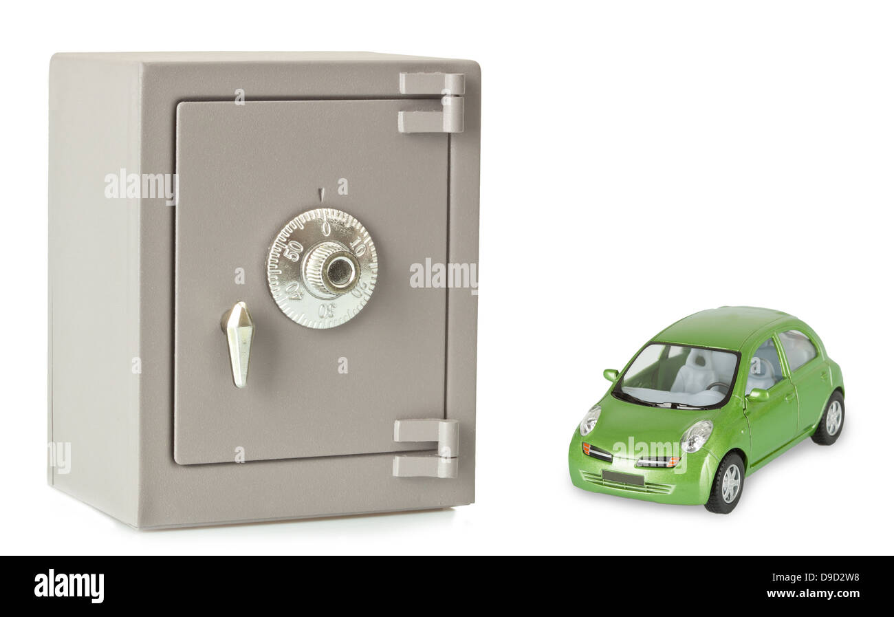 Metal safe with green car on a white background Stock Photo