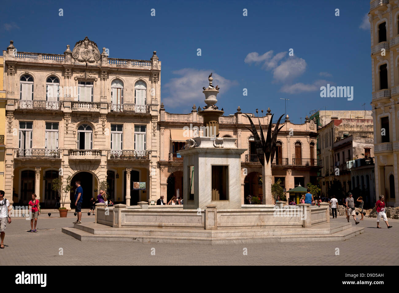 fountain at the old town square Plaza Vieja in Havana, Cuba, Caribbean Stock Photo