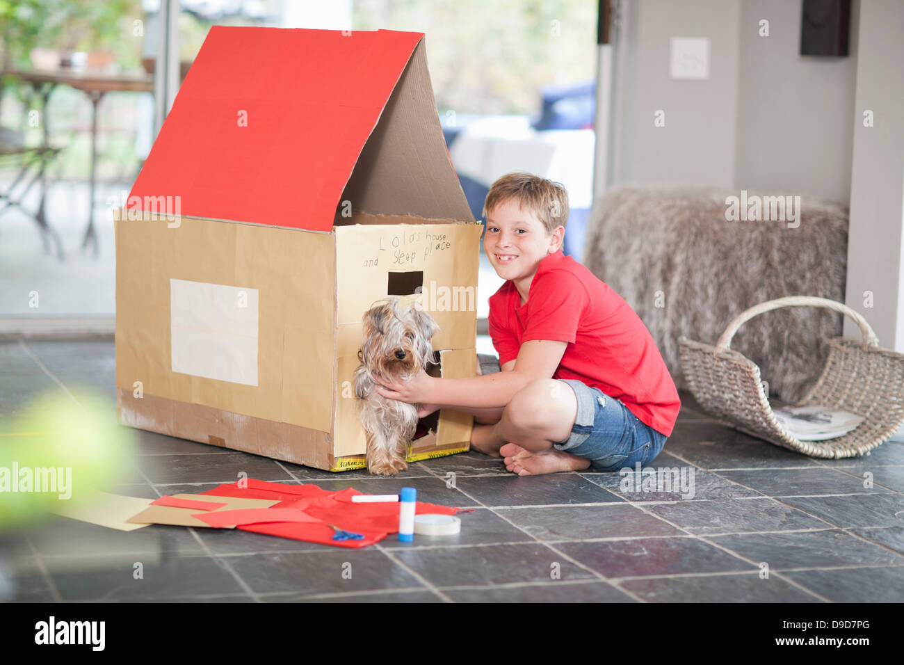 Boy building kennel for his dog Stock Photo Alamy