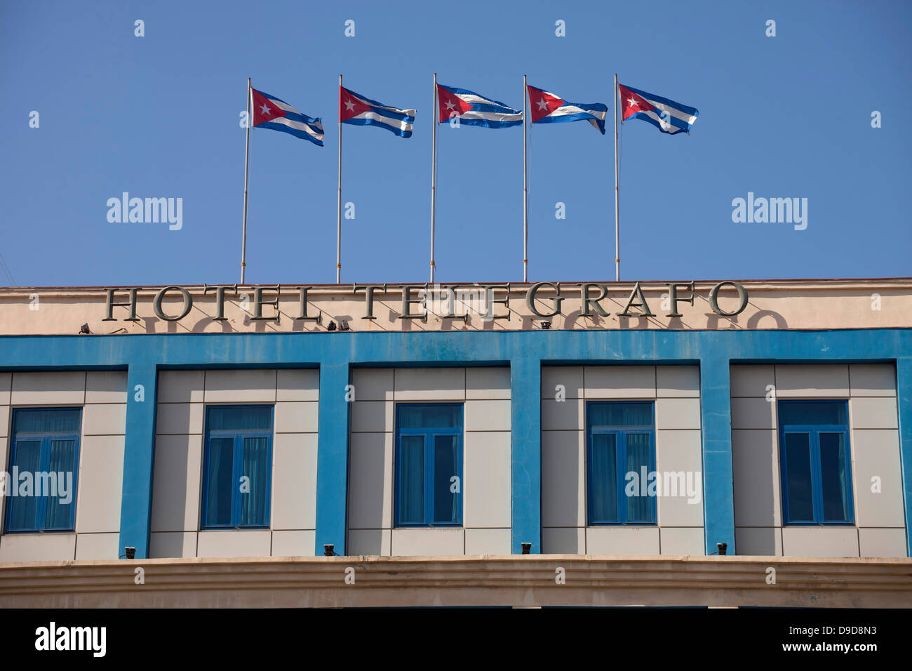 cuban flags on Hotel Telegrafo, Havana, Cuba, Caribbean Stock Photo