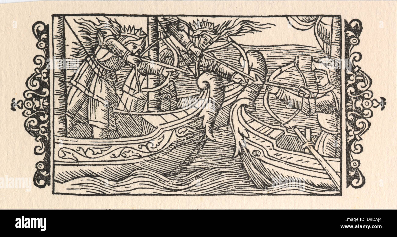 Alft attacked by the female pirates Aluilda and Rusila. From Historia de gentibus septentrionalibus, Antwerp 1555. Stock Photo