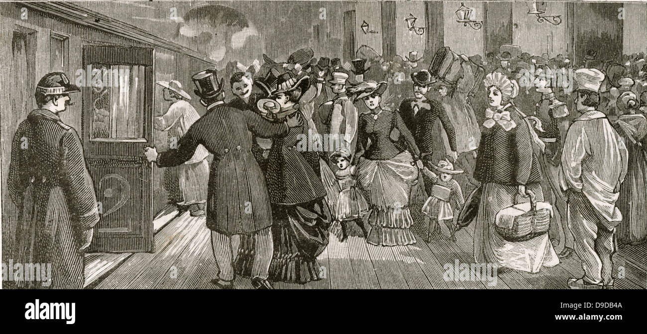 Outbreak of Cholera in Marseilles, France:  During the first week  of July 1884 the mortality rate in Marselles was 24 per day. Scenes at the railway station as people hurry to leave the city. Engraving. Stock Photo