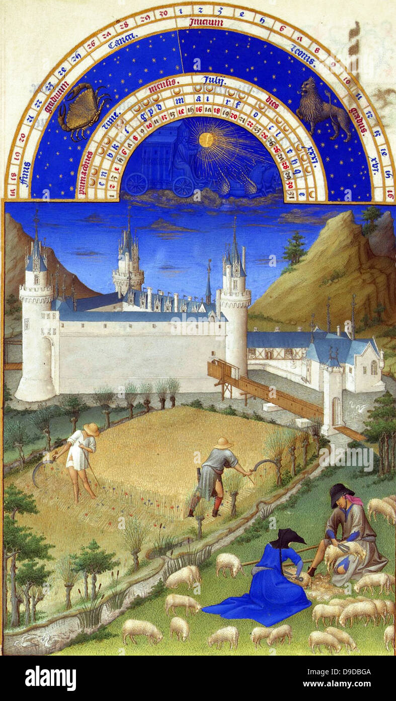 The Très Riches Heures du Duc de Berry Is a French Gothic illuminated manuscript. The Très Riches Heures is a prayer book created for John, Duke of Berry, by the Limbourg brothers between 1412 and 1416. The book was completed by Jean Colombe between 1485 and 1489. The manuscript is held at the Musée Condé, Chantilly, France. this folio (July)shows harvesting and sheep shearing Stock Photo