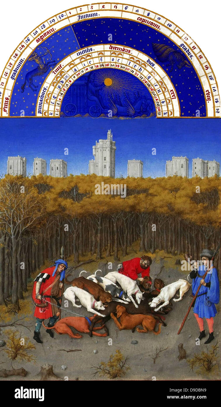 The Très Riches Heures du Duc de Berry Is a French Gothic illuminated manuscript. The Très Riches Heures is a prayer book created for John, Duke of Berry, by the Limbourg brothers between 1412 and 1416. The book was completed by Jean Colombe between 1485 and 1489. The manuscript is held at the Musée Condé, Chantilly, France. this folio (December) depicts a hunting scene. Dogs dismember a boar. The scene takes place in the middle of a forest while in the distance, is the castle of Vincennes. Stock Photo