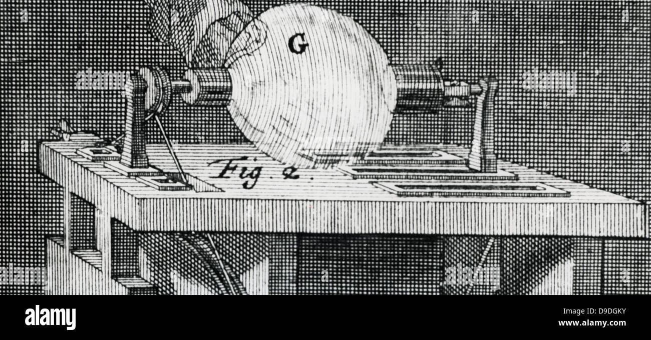 Static electric machine (possibly Hauksbee's) using  glass globe to generate a charge by friction, 1747. Stock Photo