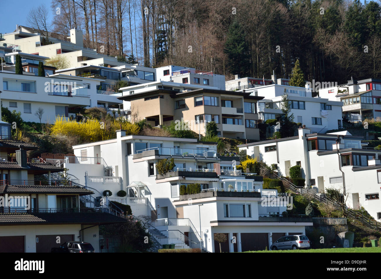 Modern houses on a hillside in Pfäffikon, Zurich, Switzerland Stock