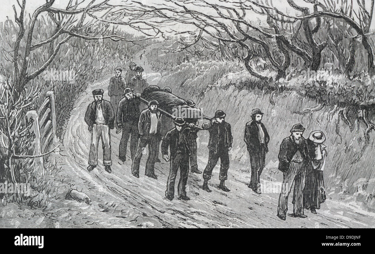 Colliery explosion at Llanerch, Monmouthshire, Wales, 1890.  Grieving relatives walking ahead of men carrying their loved one's Stock Photo
