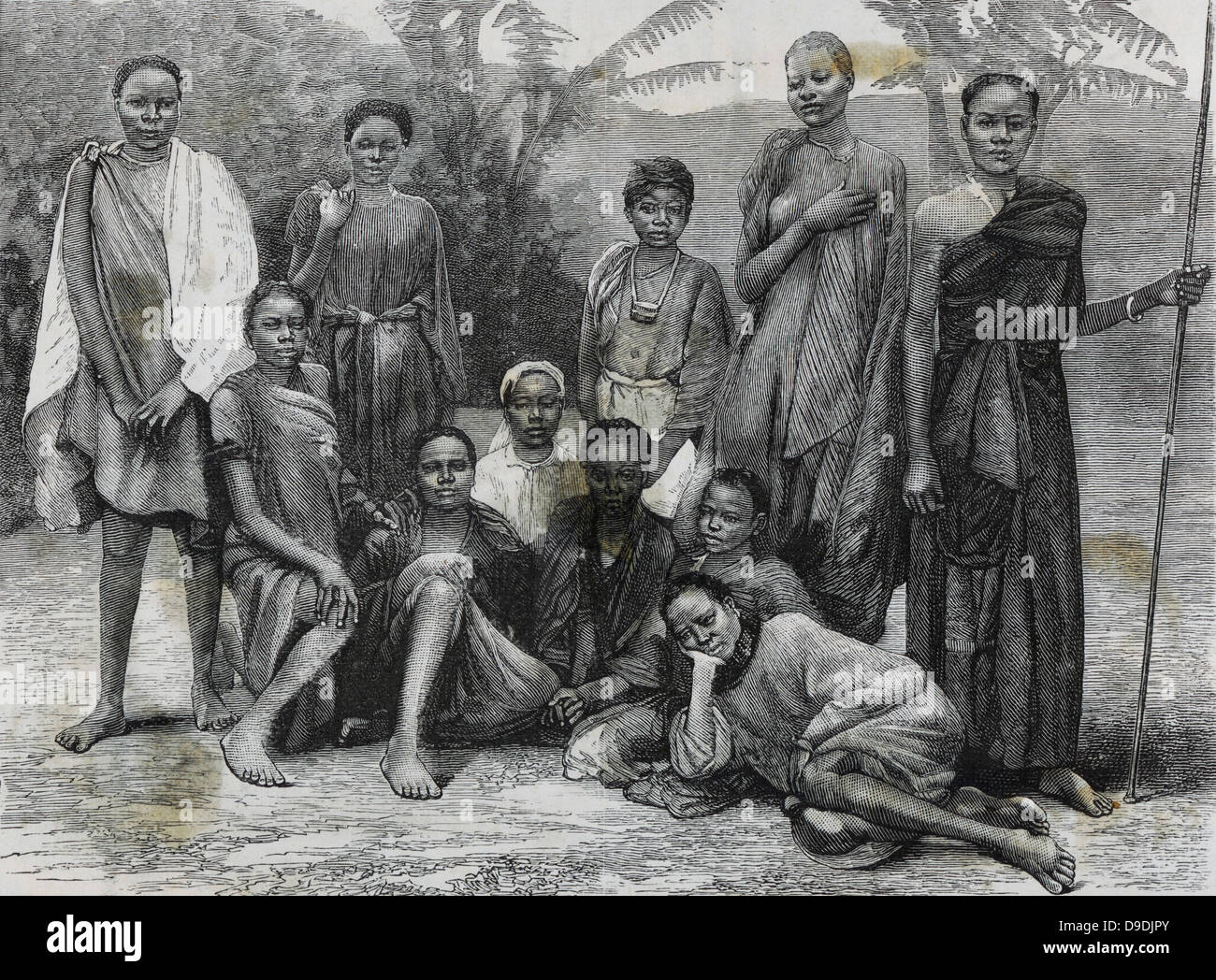 Sudanese slave girls rescued in Cairo. Engraving 1890. Stock Photo