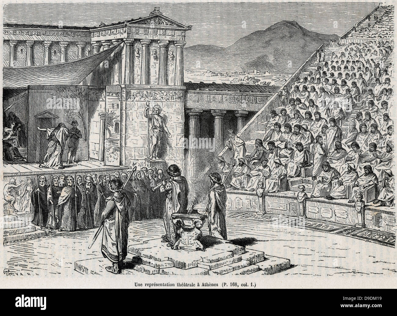 Artist's reconstruction of a theatrical performance in Ancient Greece. Chorus in front below raised stage. Engraved 1878. Stock Photo