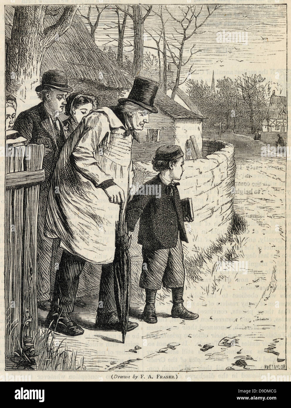 Family of country cottagers setting ou for Sunday morning church service. Engraving, 1876. Stock Photo