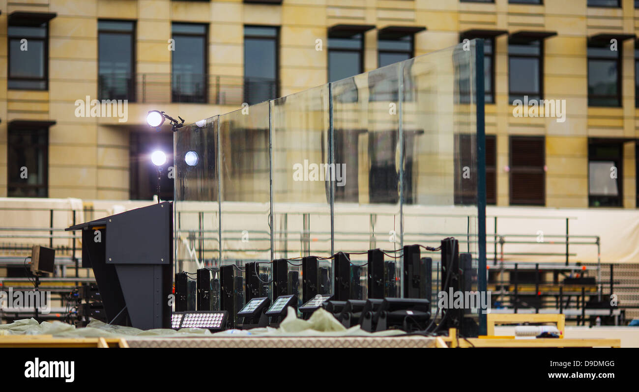 Bulletproof glass protects the lectern for US President Obama at