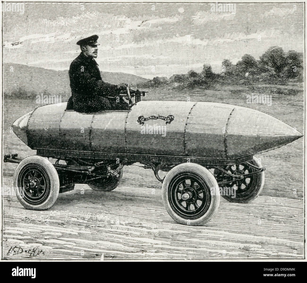 Camille Jenatzy (1868-1913) in his aluminium battery-driven electric car 'La Jamais Contente', 1899. Stock Photo