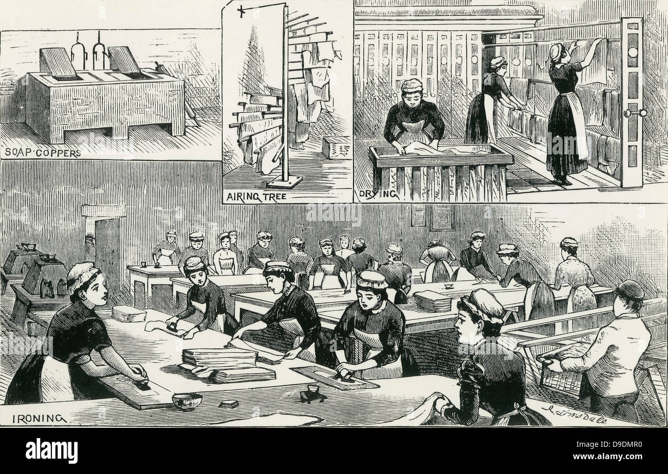 Scenes in a commercial laundry, London, 1884 Stock Photo Alamy