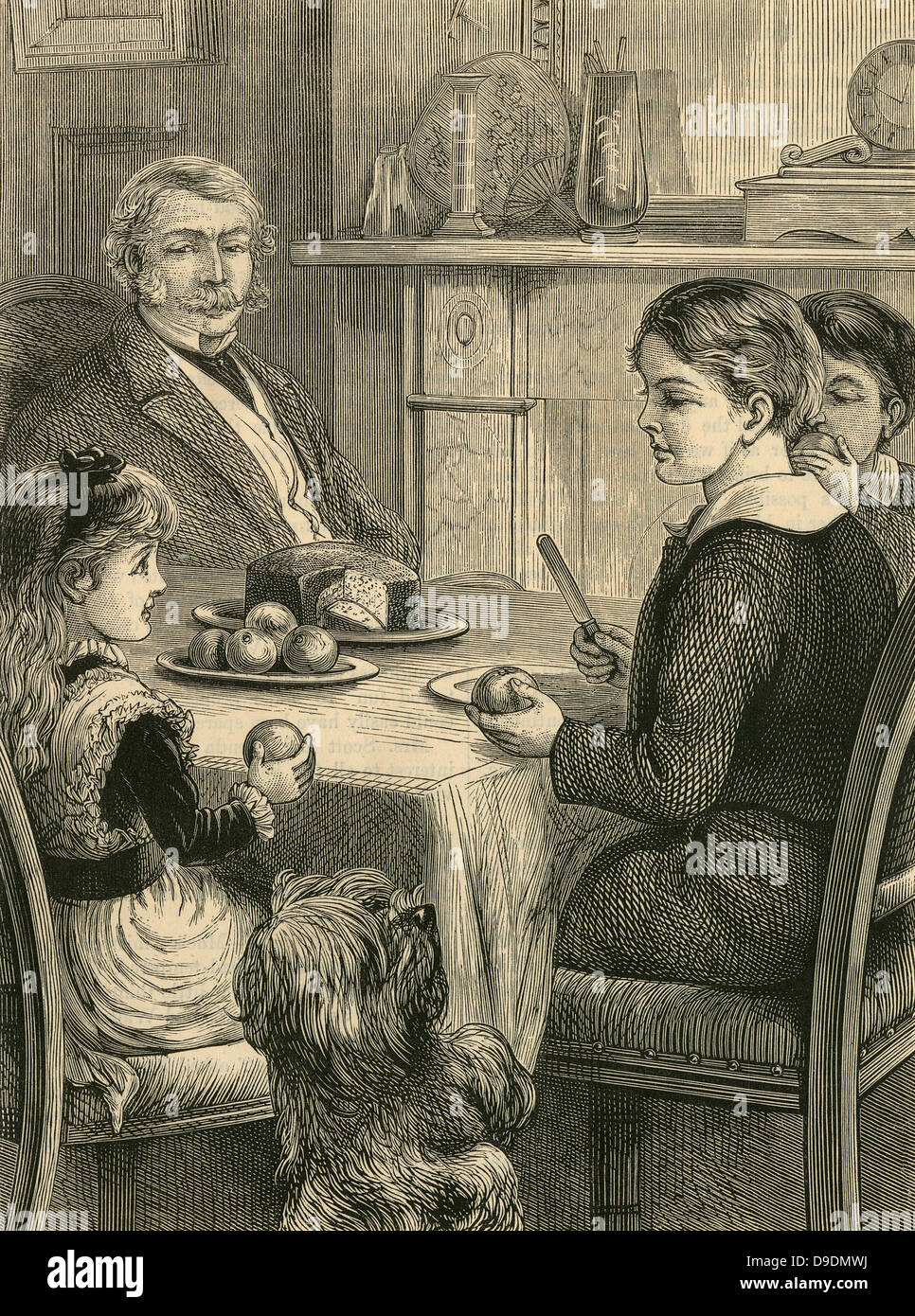 Family tea time: pet dog begging for a treat. Engraving, 1882 Stock Photo